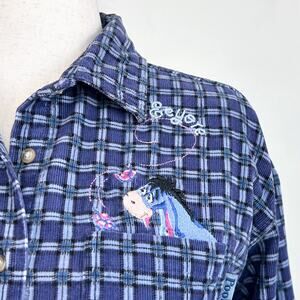 Winnie The Pooh 90s Disney Eeyore Embroidered Blue Corduroy Button-Up Shirt LG